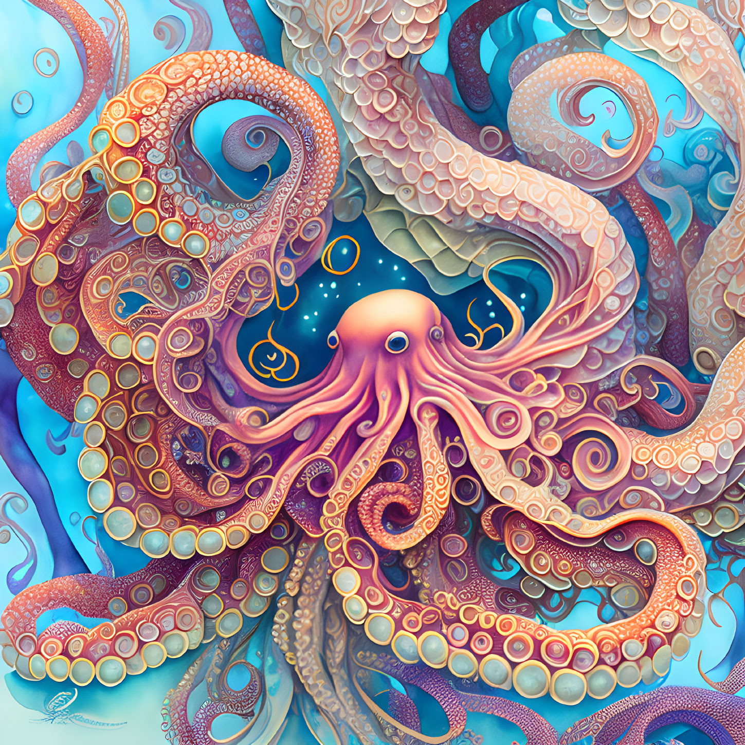 Detailed Octopus Illustration with Colorful Underwater Backdrop