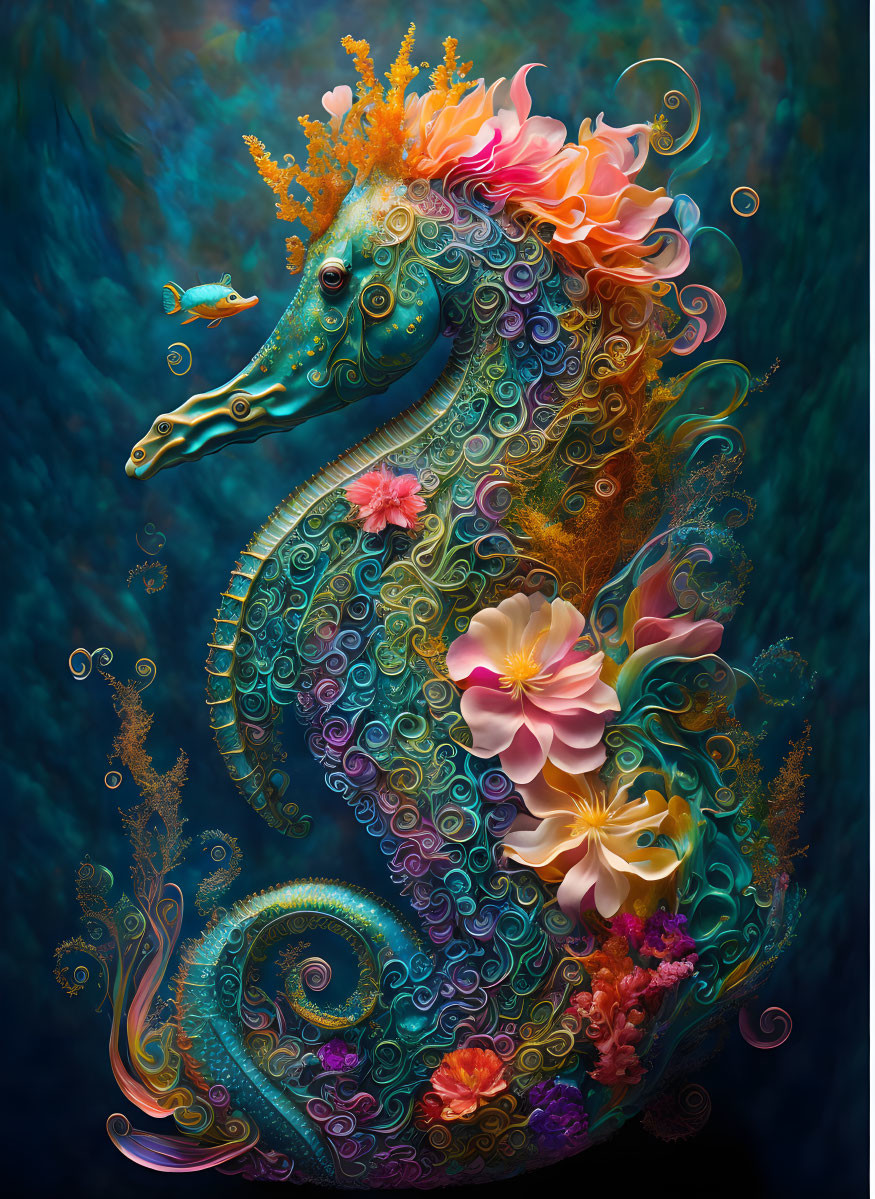 Colorful Seahorse Artwork with Flowers and Swirl Patterns on Teal Background