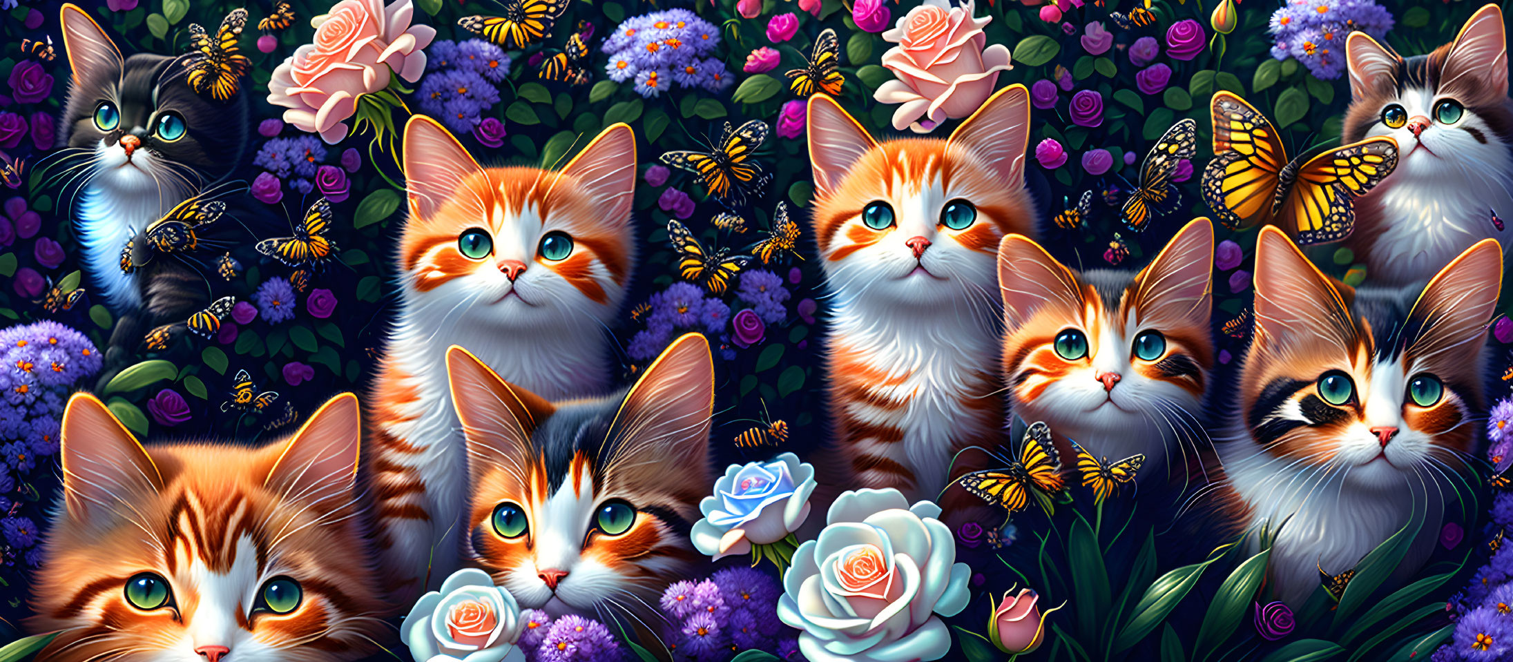 Colorful Illustration of Wide-Eyed Kittens with Flowers and Butterflies