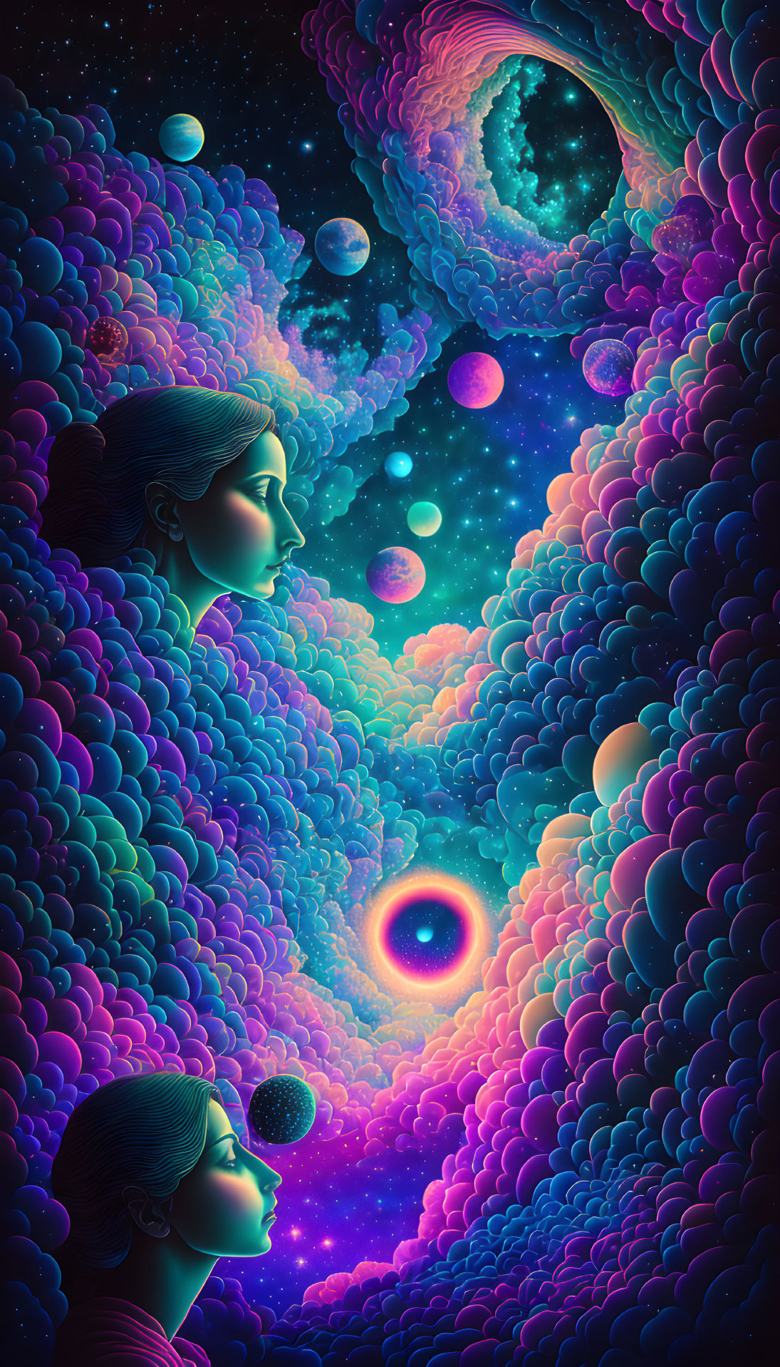 Colorful digital artwork: Two faces in cosmic setting