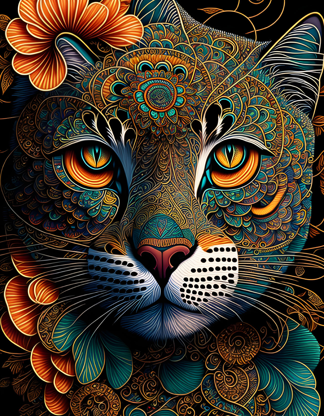 Multicolored ornate cat illustration with vibrant floral designs