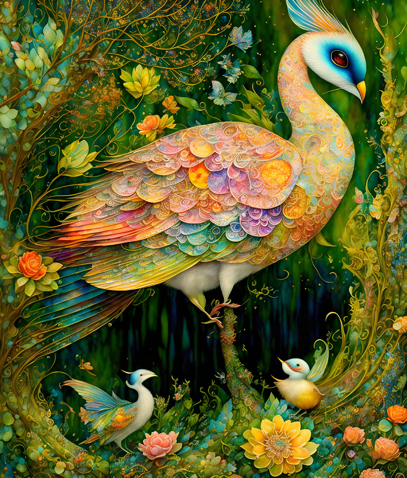 Colorful Peacock Illustration with Intricate Feather Patterns and Flora