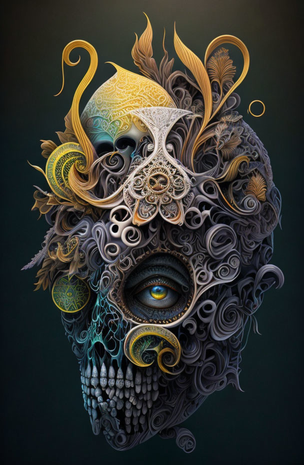 Detailed skull artwork with realistic eye and ornate golden accents