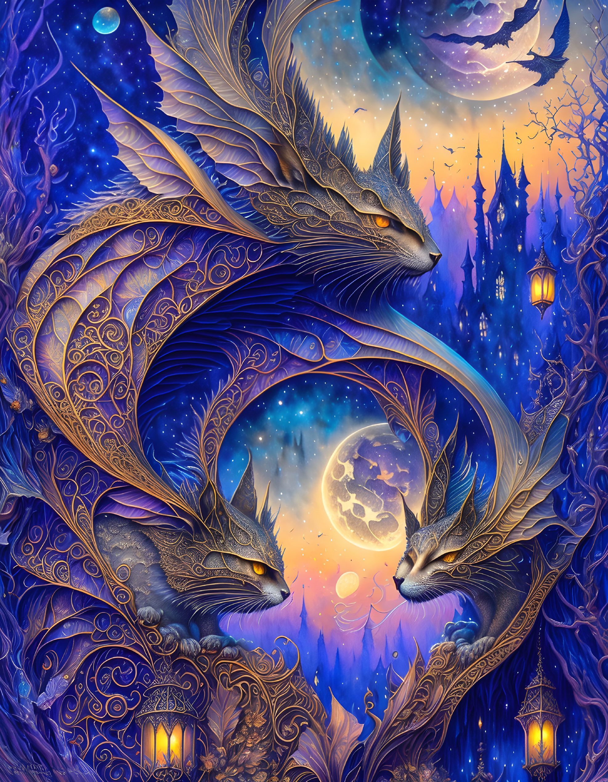 Ornate dragon-like creatures in celestial scene with moon and stars