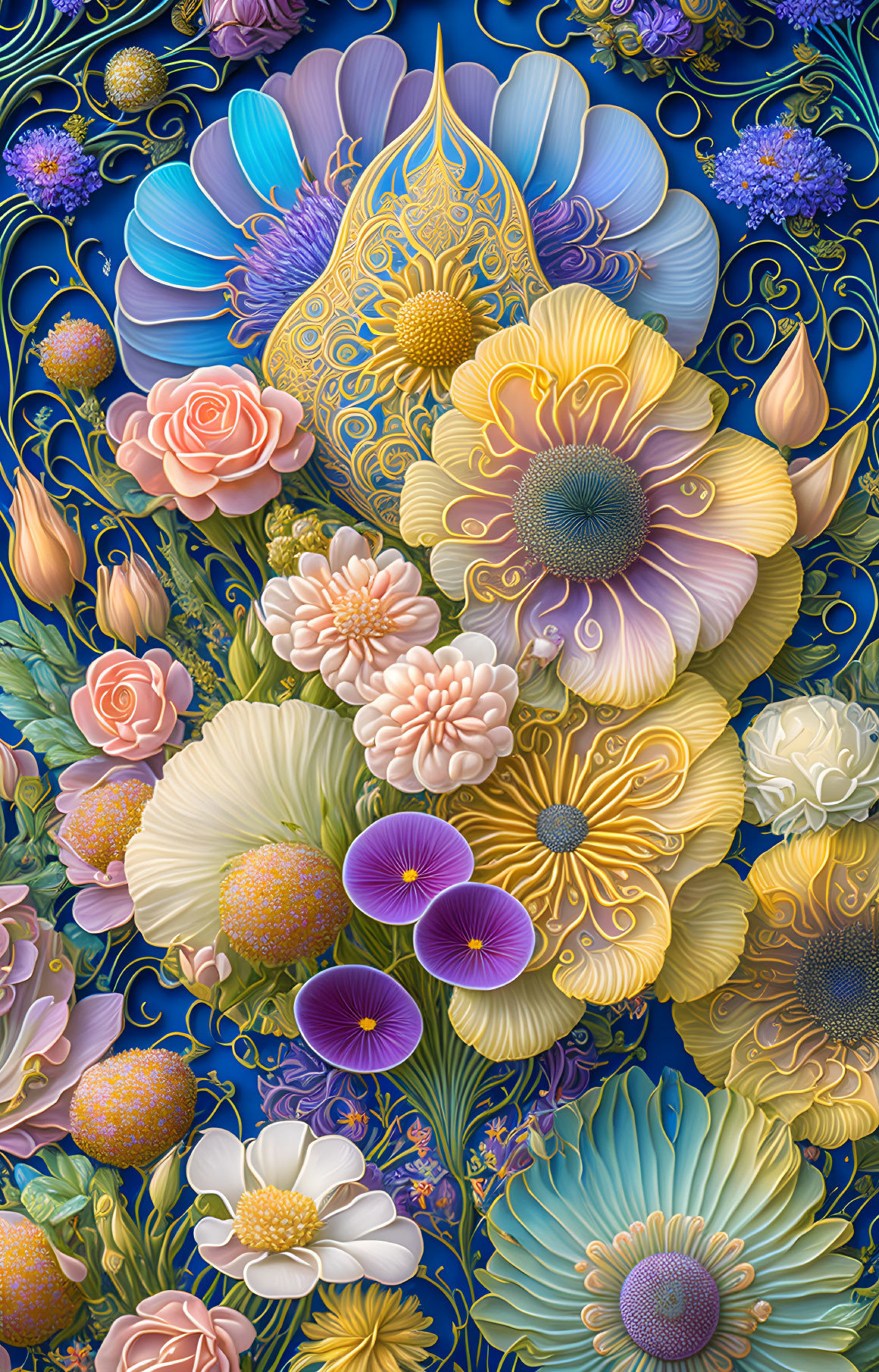 Detailed Floral Illustration with Blue, Yellow, and Pink Flowers