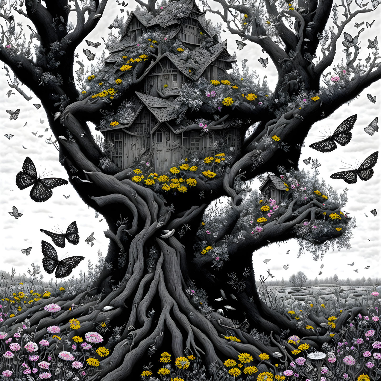 Detailed Monochrome Tree Illustration with Treehouse, Butterflies, and Flowers