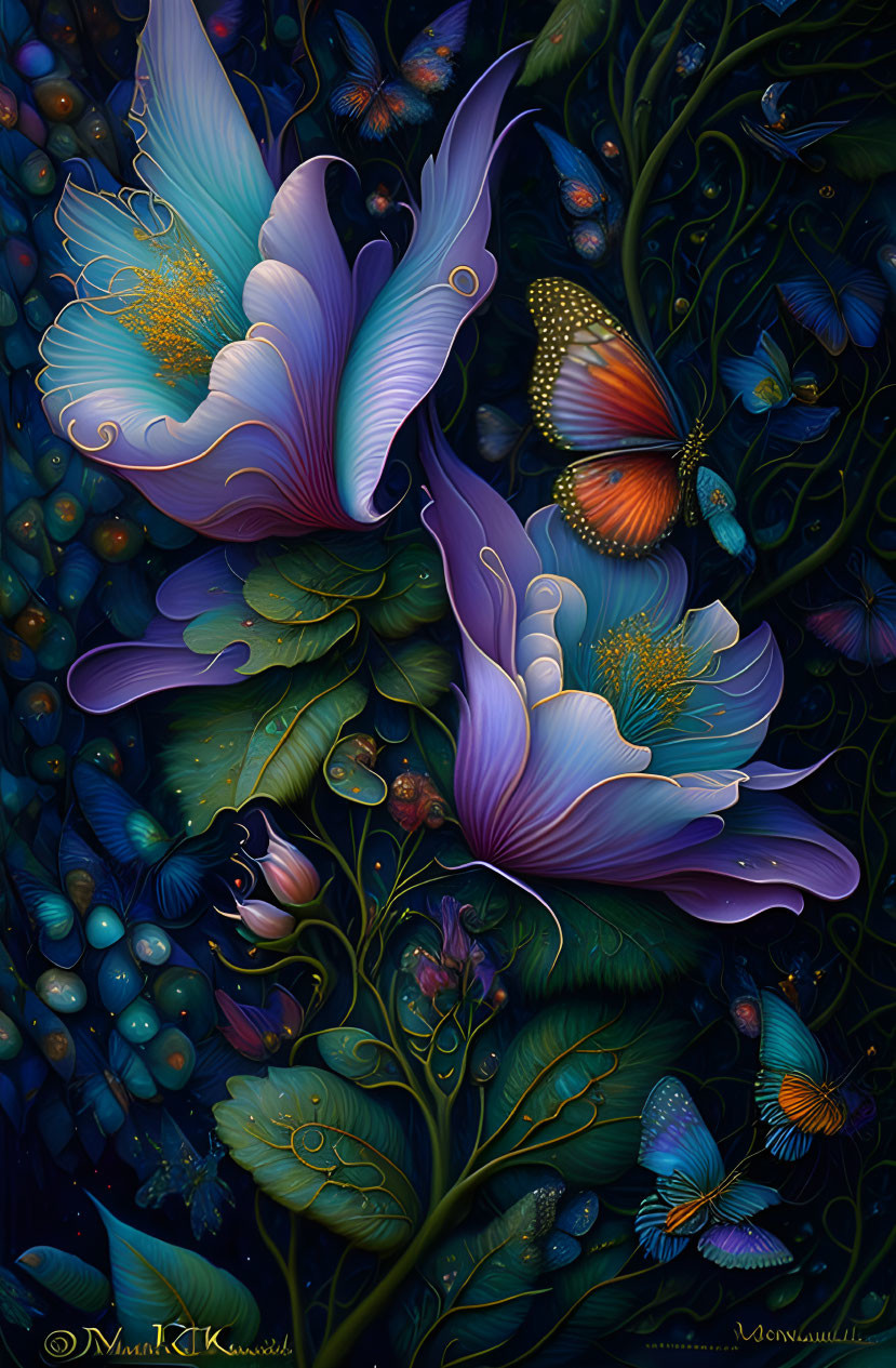 Colorful digital artwork: Purple and blue flowers with butterflies on dark background