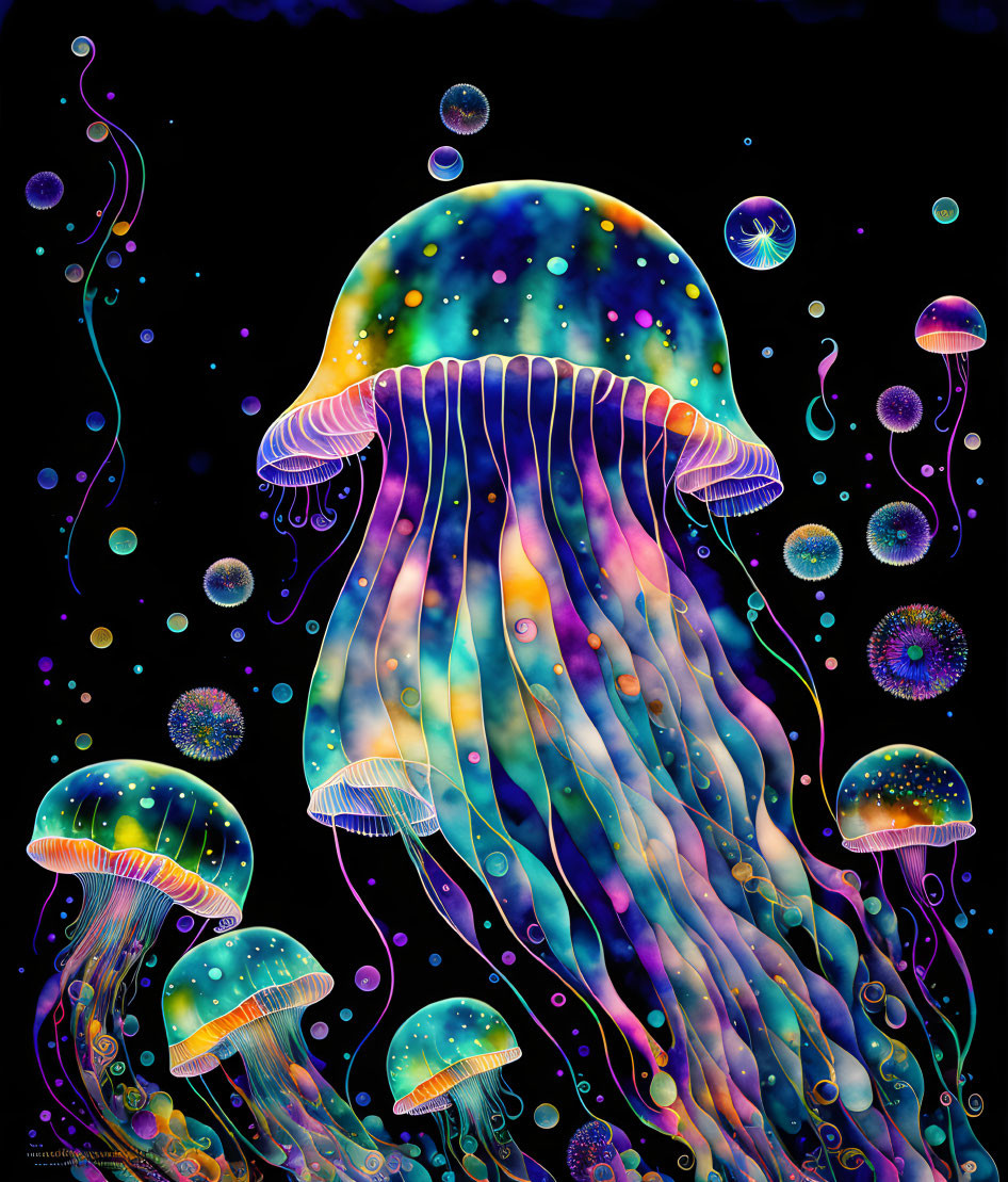 Neon-colored jellyfish illustration on dark, starry backdrop