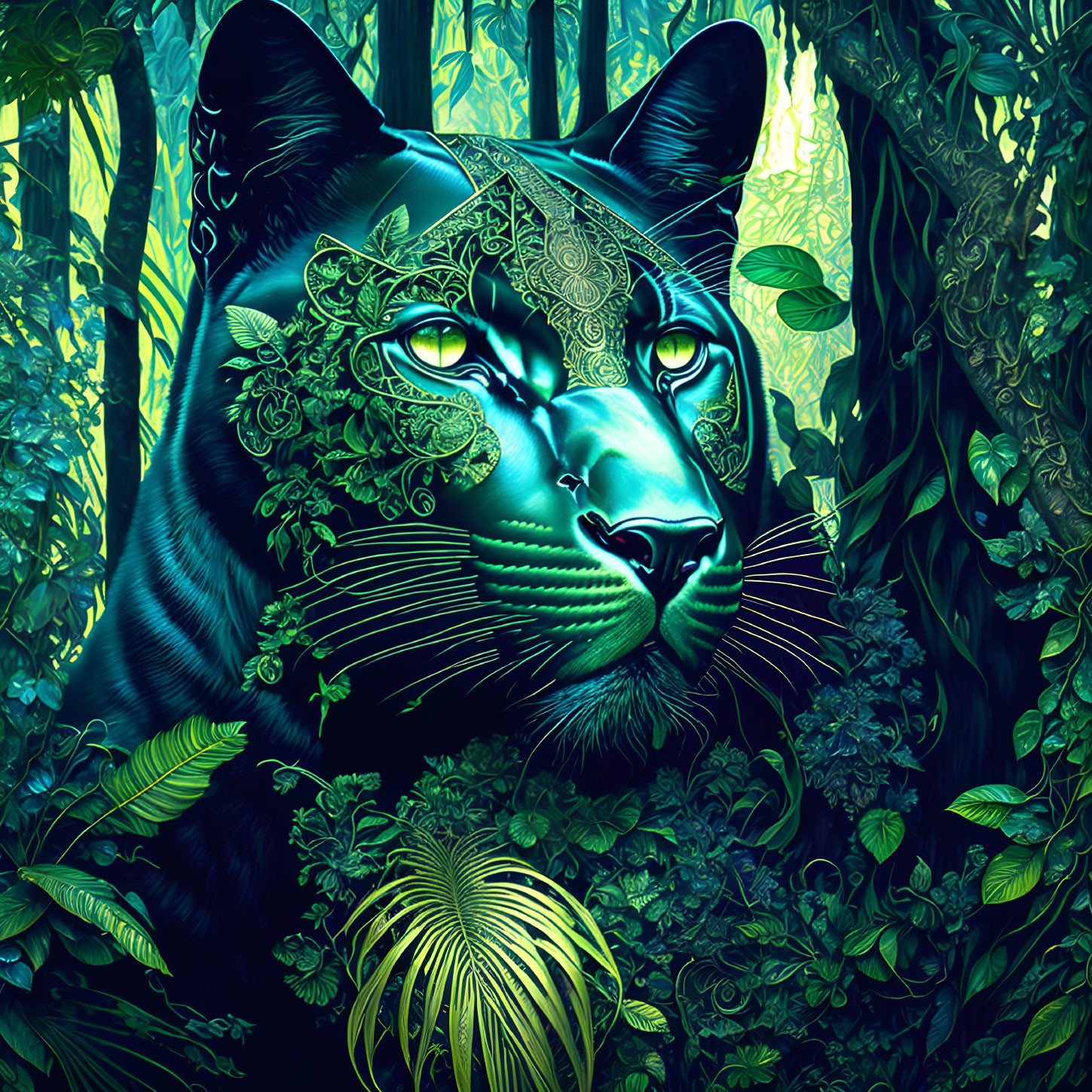 Digital Art: Black Panther with Intricate Face Patterns in Neon-lit Tropical Forest