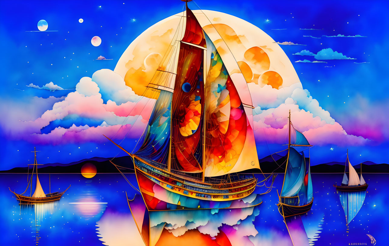 Colorful sailboat art on whimsical sea with moons & clouds