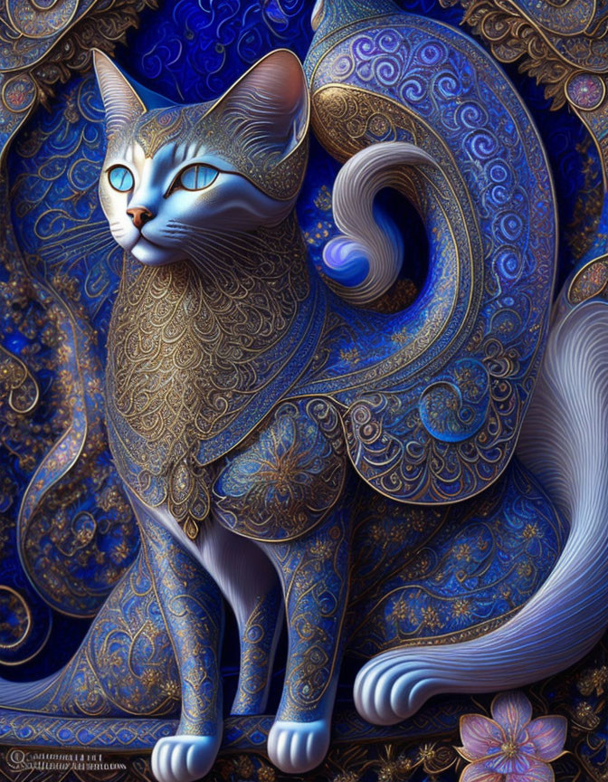 Stylized cat with blue and gold fur on decorative background