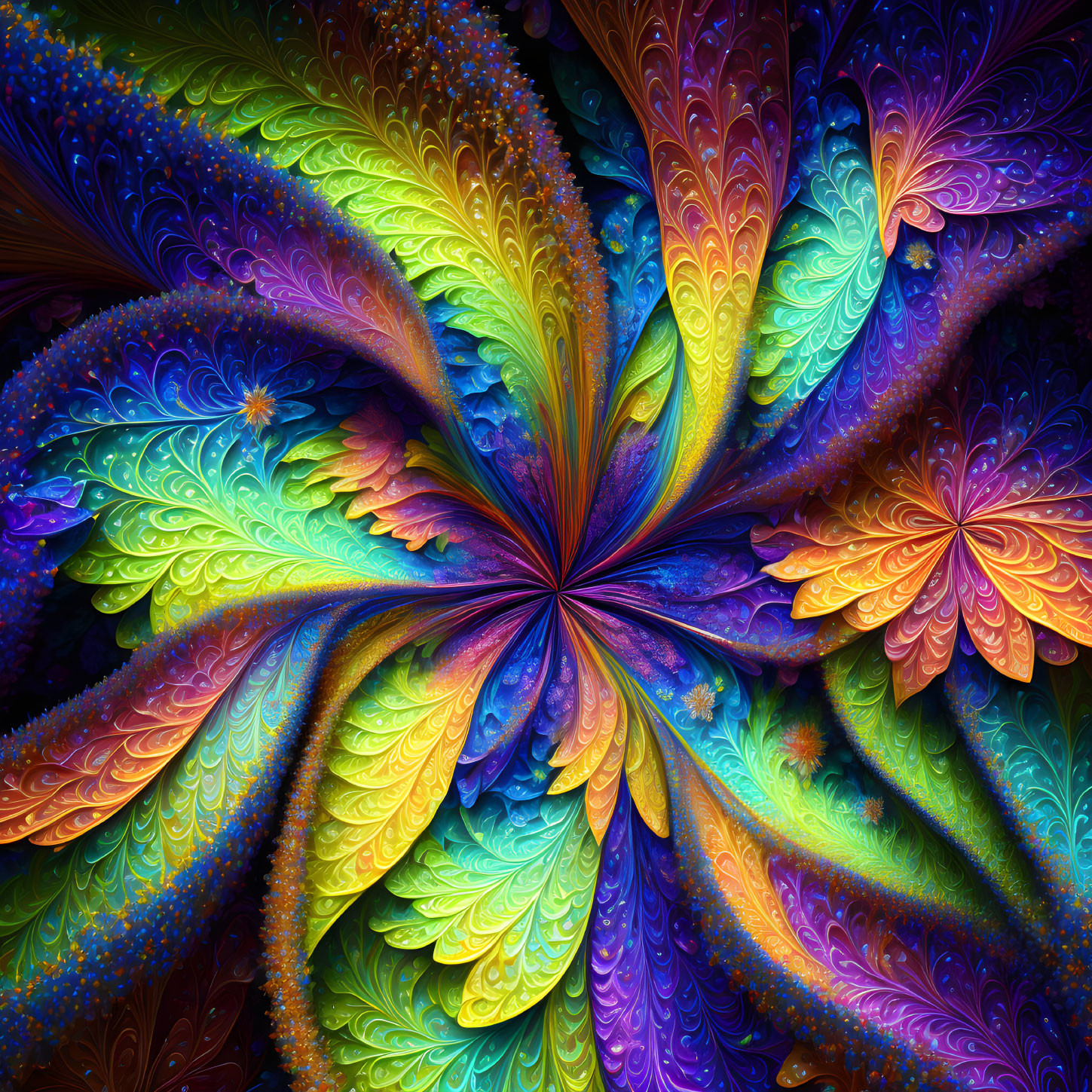 Intricate multicolored fractal with leaf-like patterns