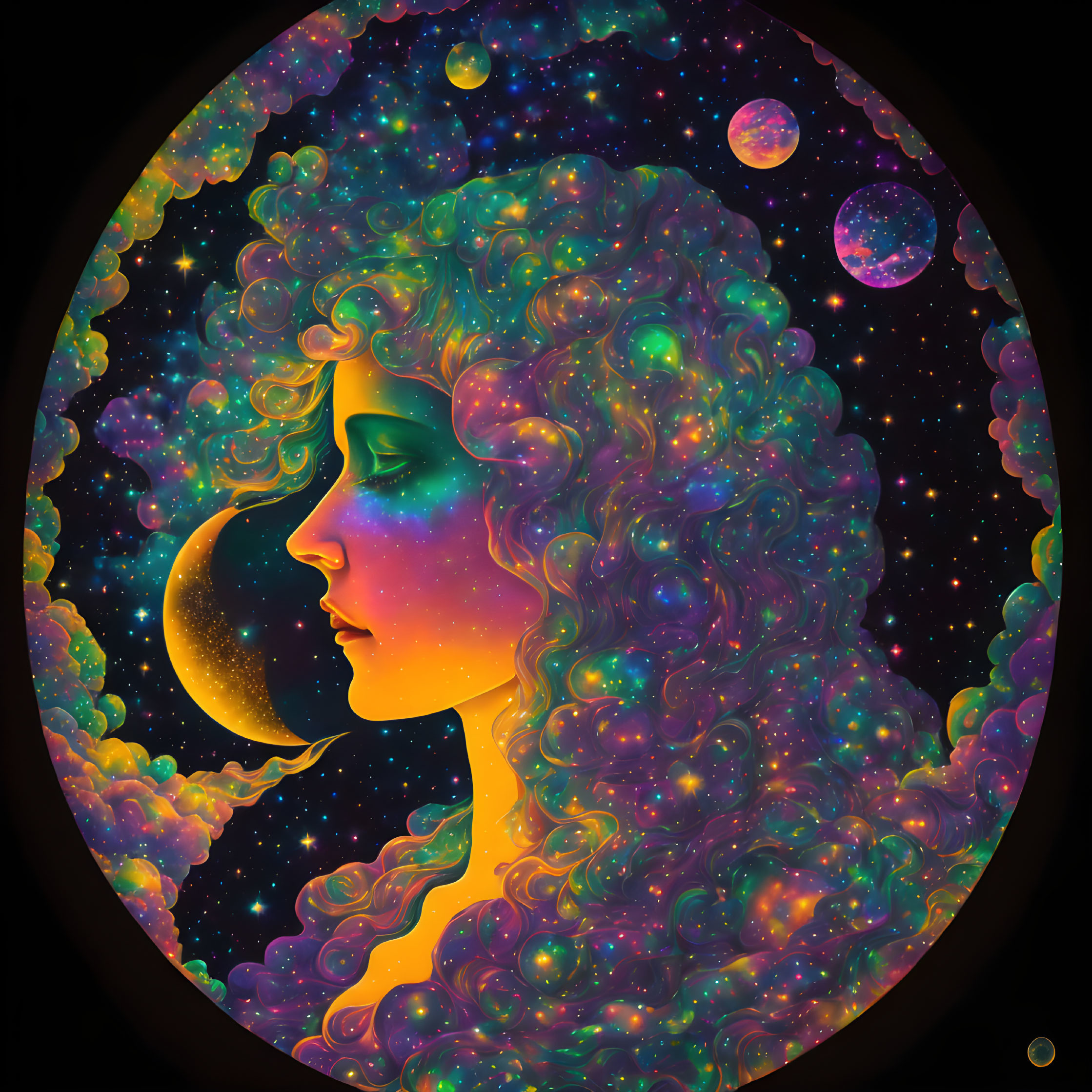 Vibrant cosmic woman profile with stars, nebulae, planets, and crescent moon.