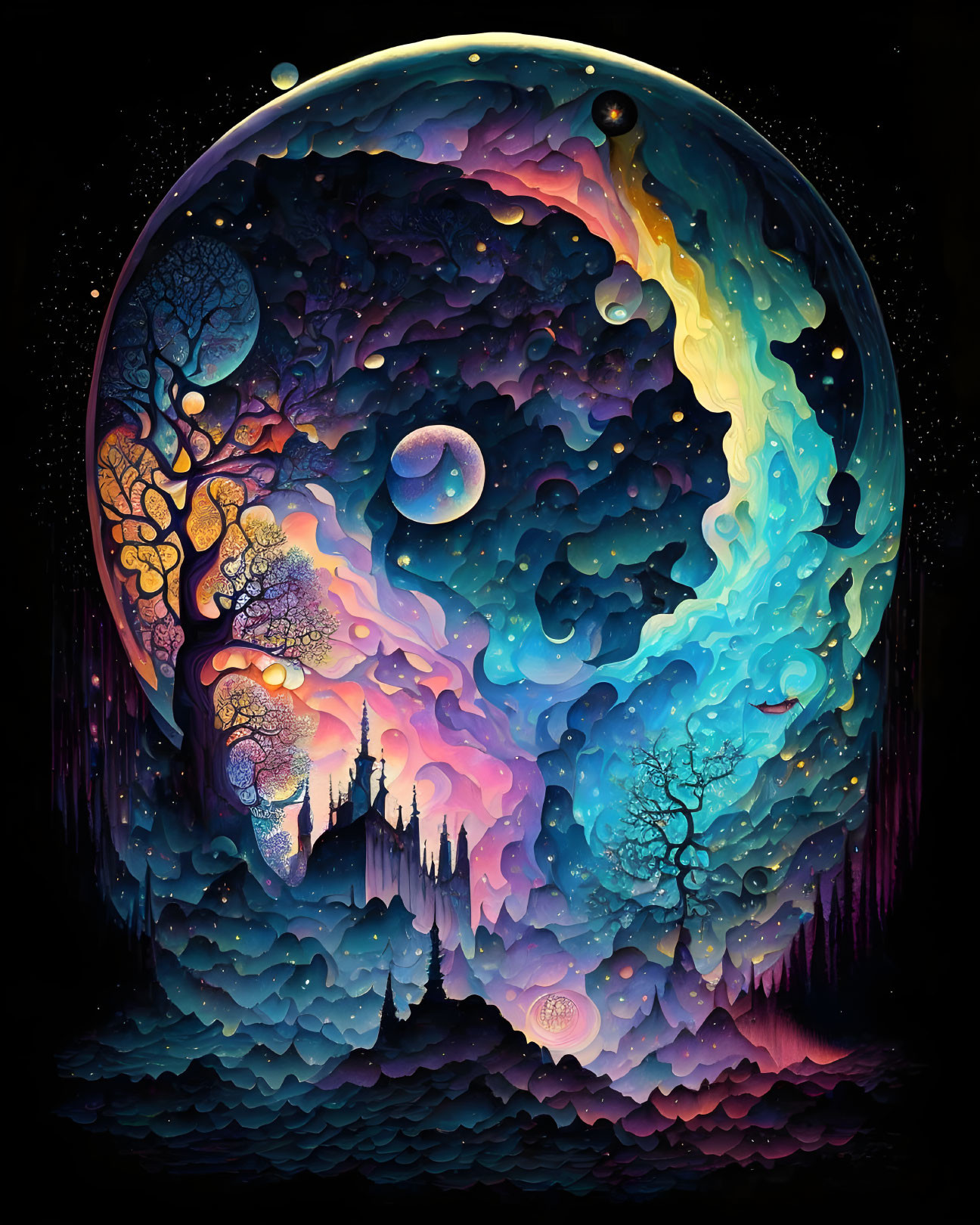 Colorful surreal cosmic scene with swirls, celestial bodies, trees, and castle