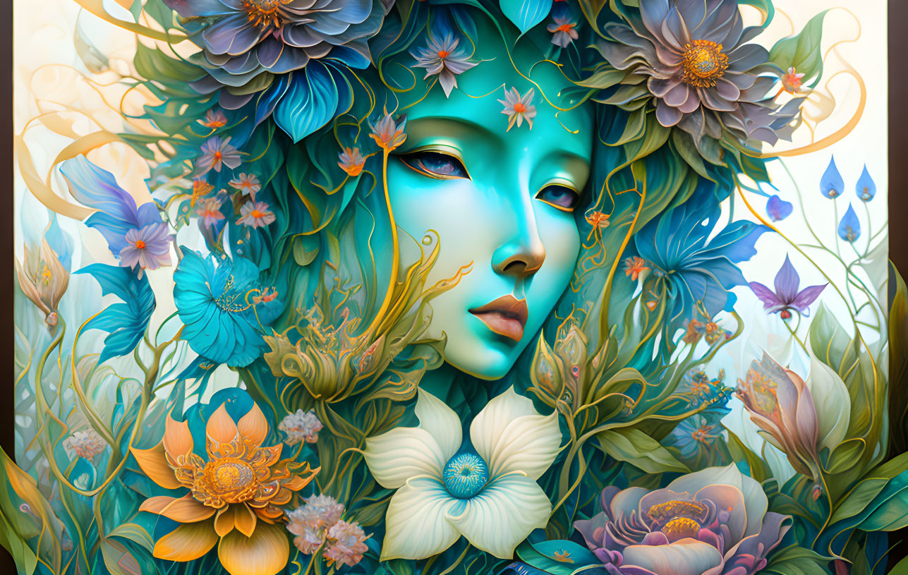 Vibrant surreal illustration of blue-skinned woman in floral setting