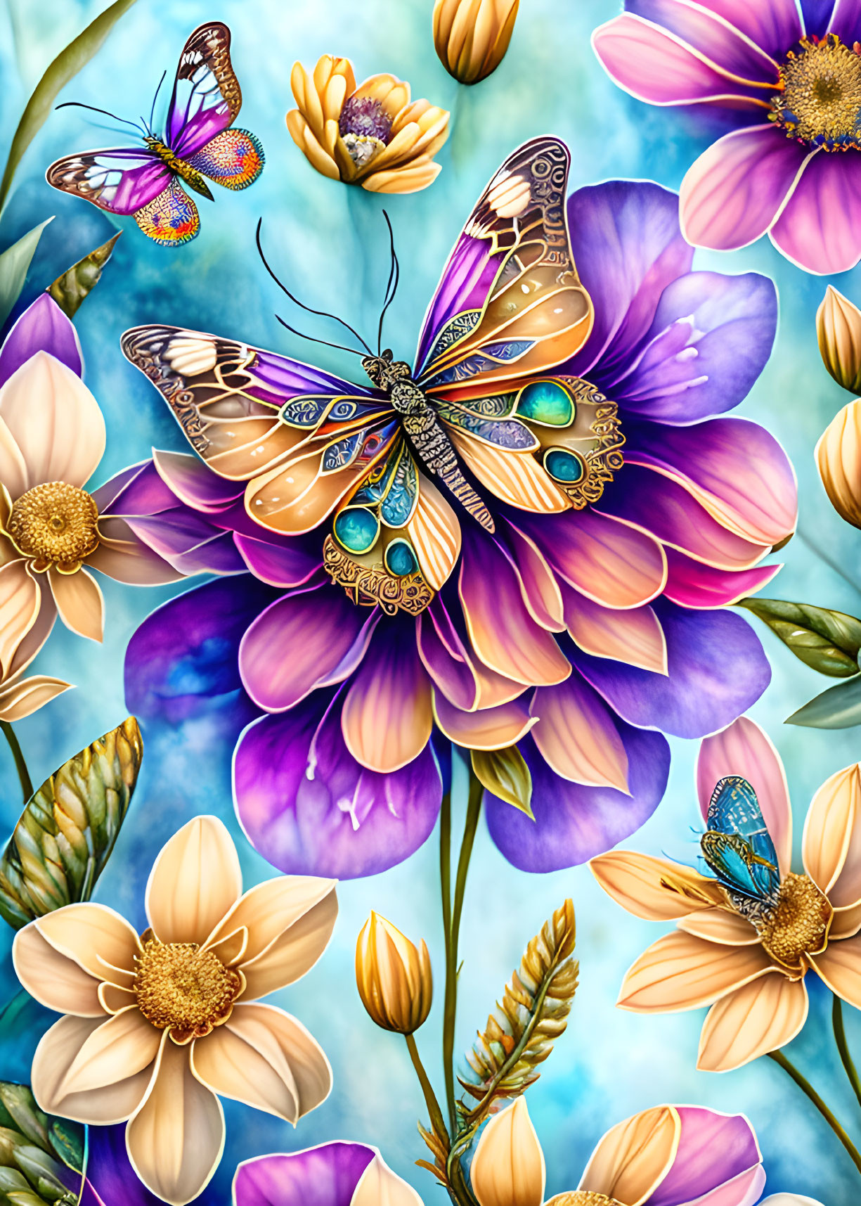 Detailed Butterfly Artwork Among Colorful Flowers and Blue Background