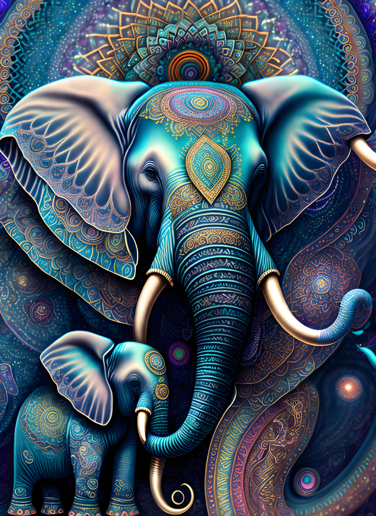 Intricately patterned elephants in blue hues with mandala backdrop