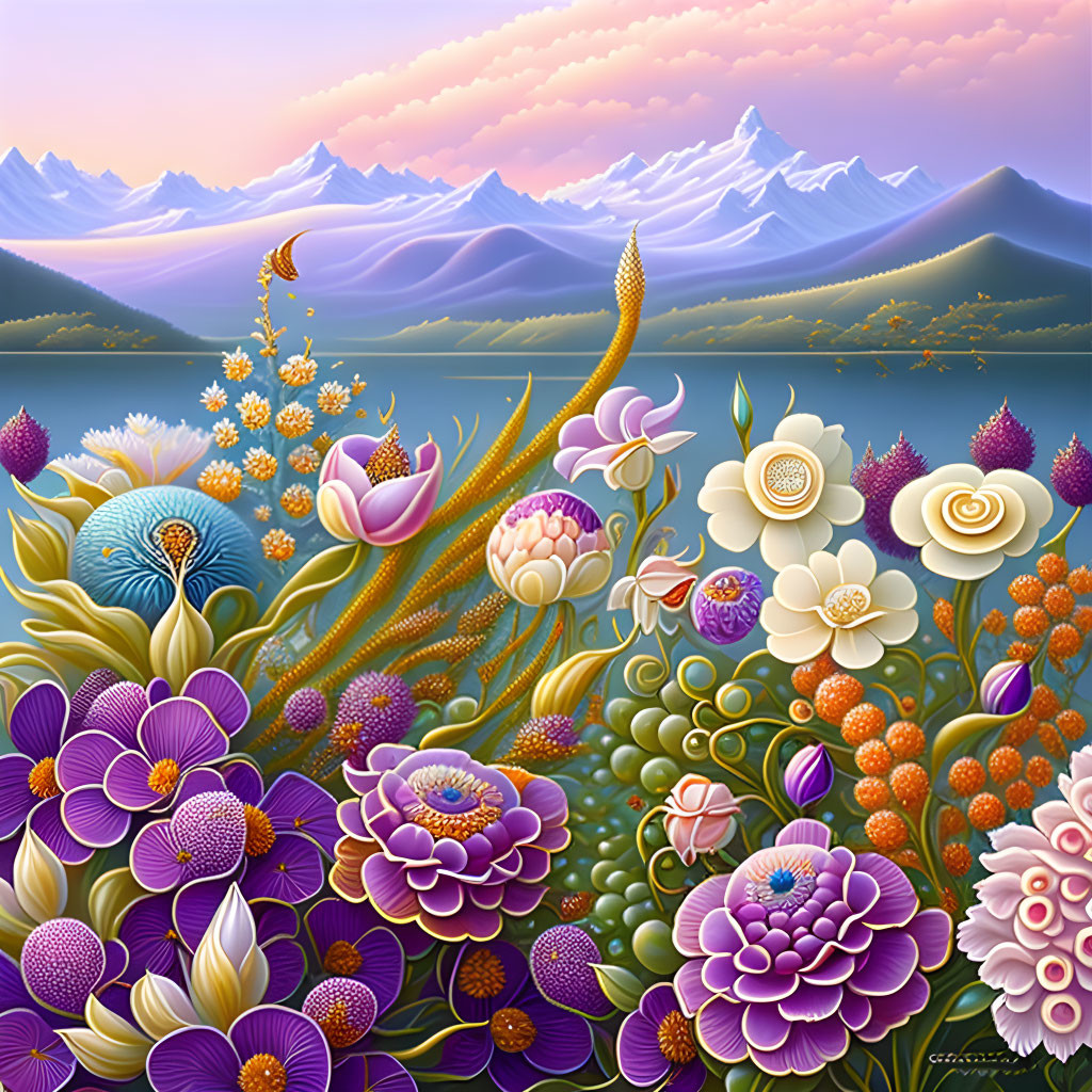 Fantasy landscape digital artwork with vibrant floral elements, serene lake, and majestic mountains under warm sky