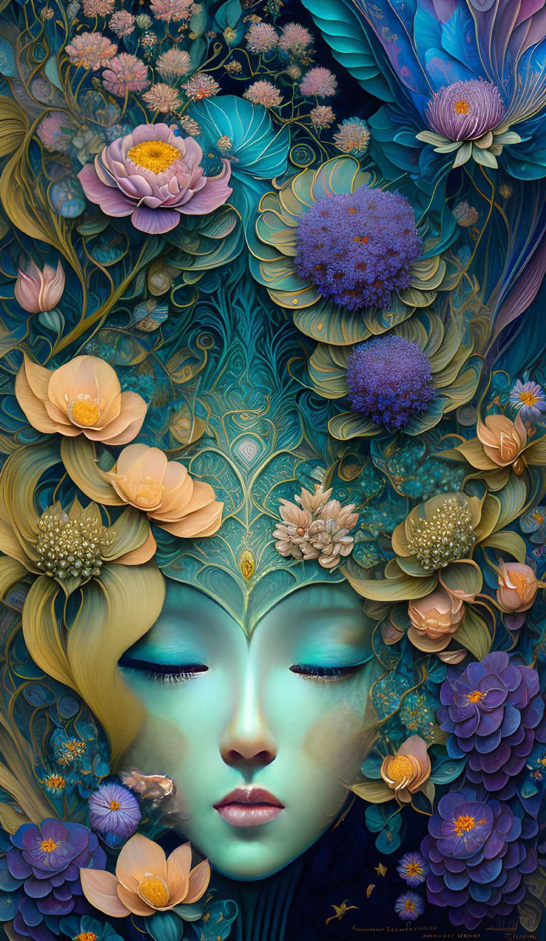 Surreal female face with blue and golden floral pattern