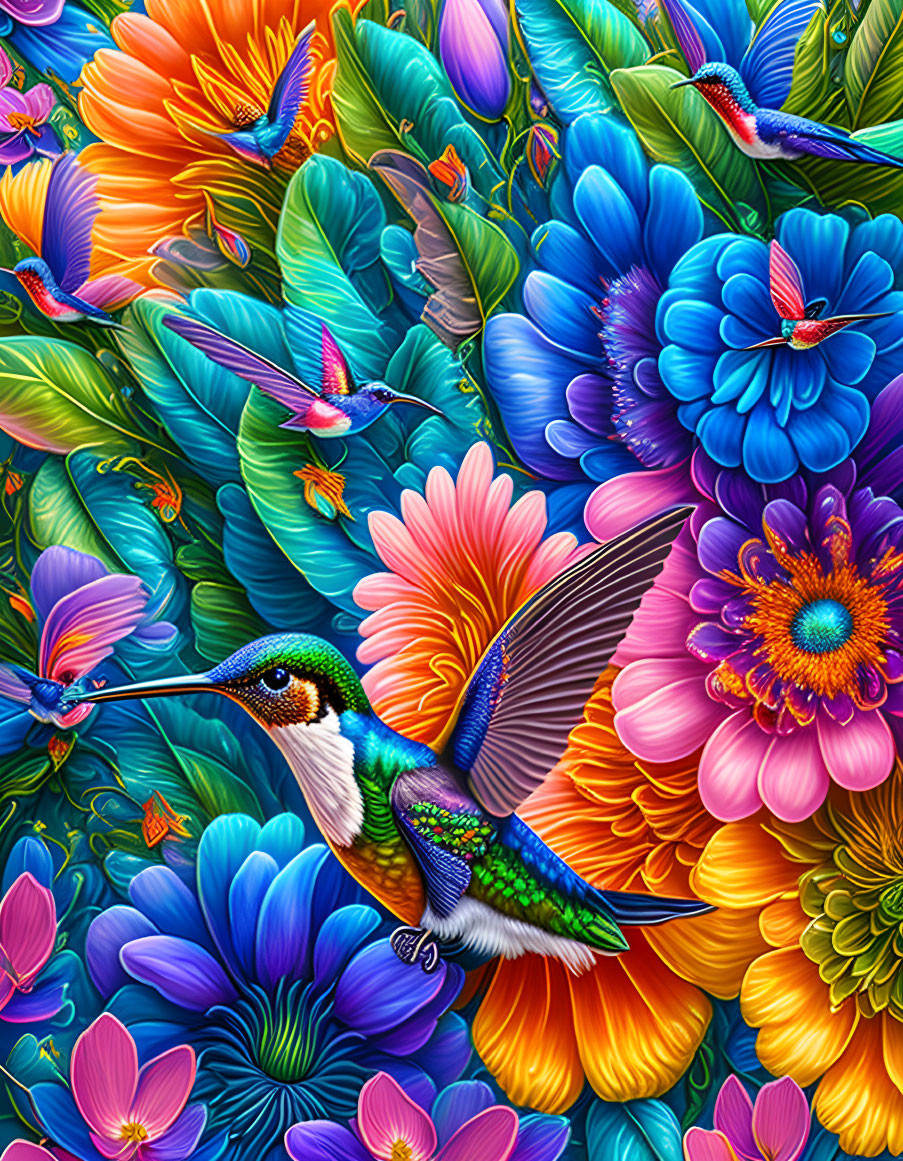 Colorful hummingbirds and flowers illustration with vibrant blues, pinks, and oranges.