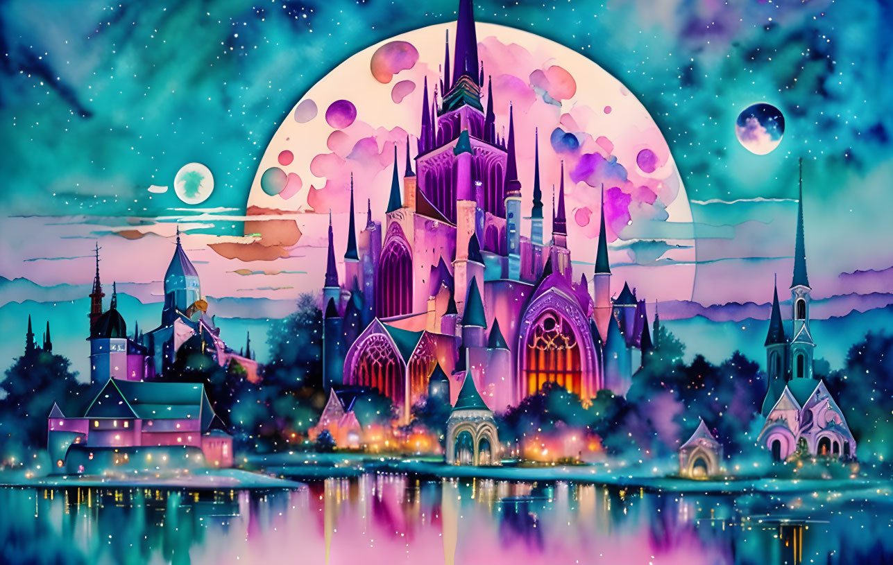 Fantastical castle illustration with moon, colorful clouds, and water reflection