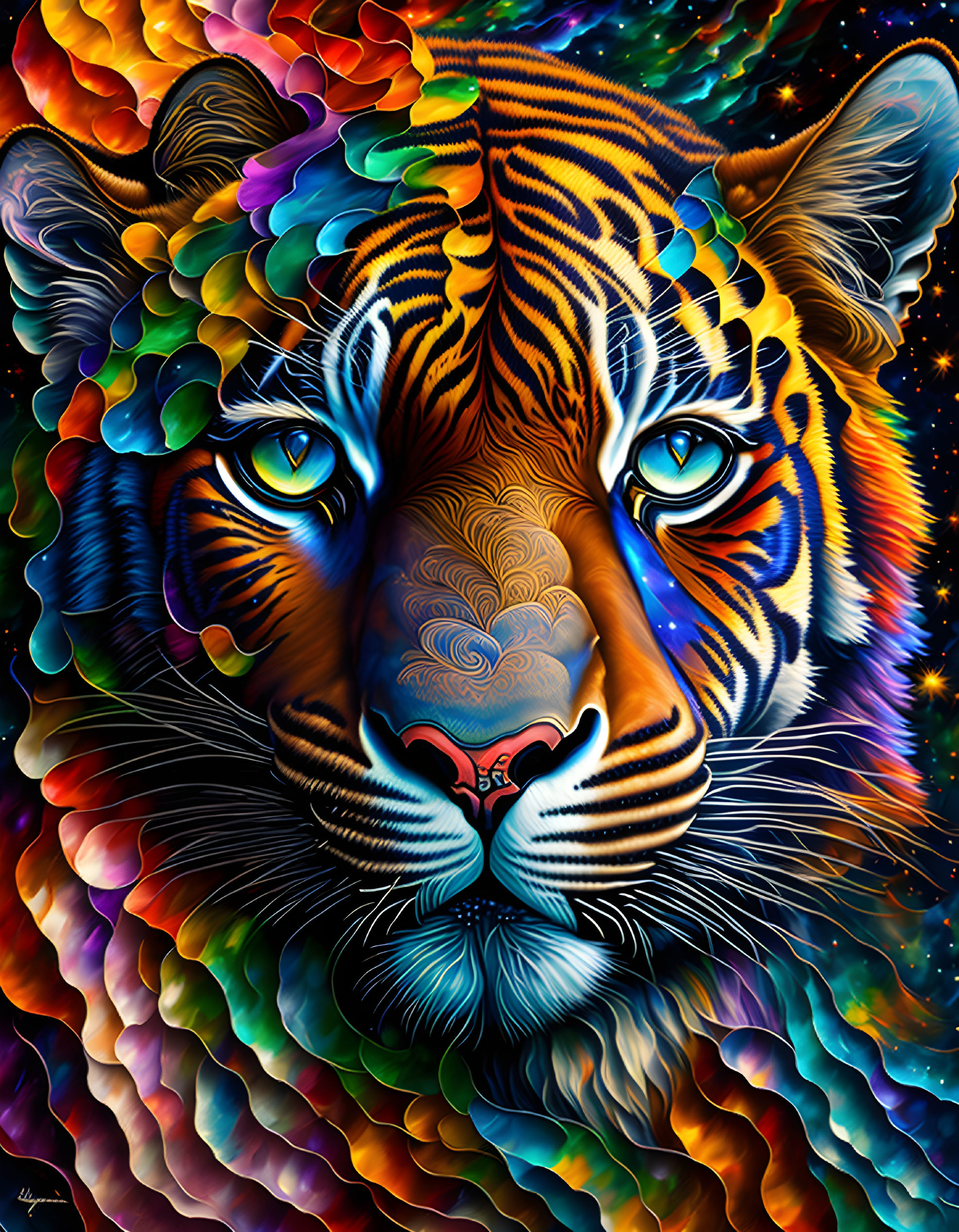 Colorful Tiger Face Artwork with Psychedelic Patterns on Dark Background