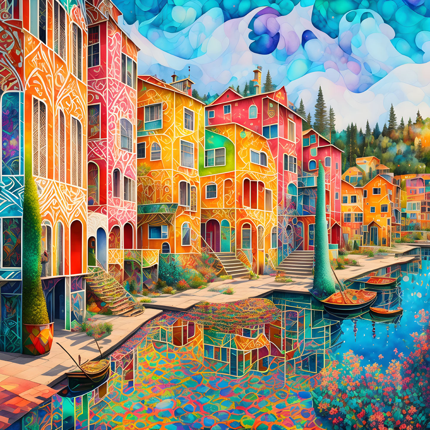 Colorful riverside village artwork with patterned buildings and boats under blue sky.