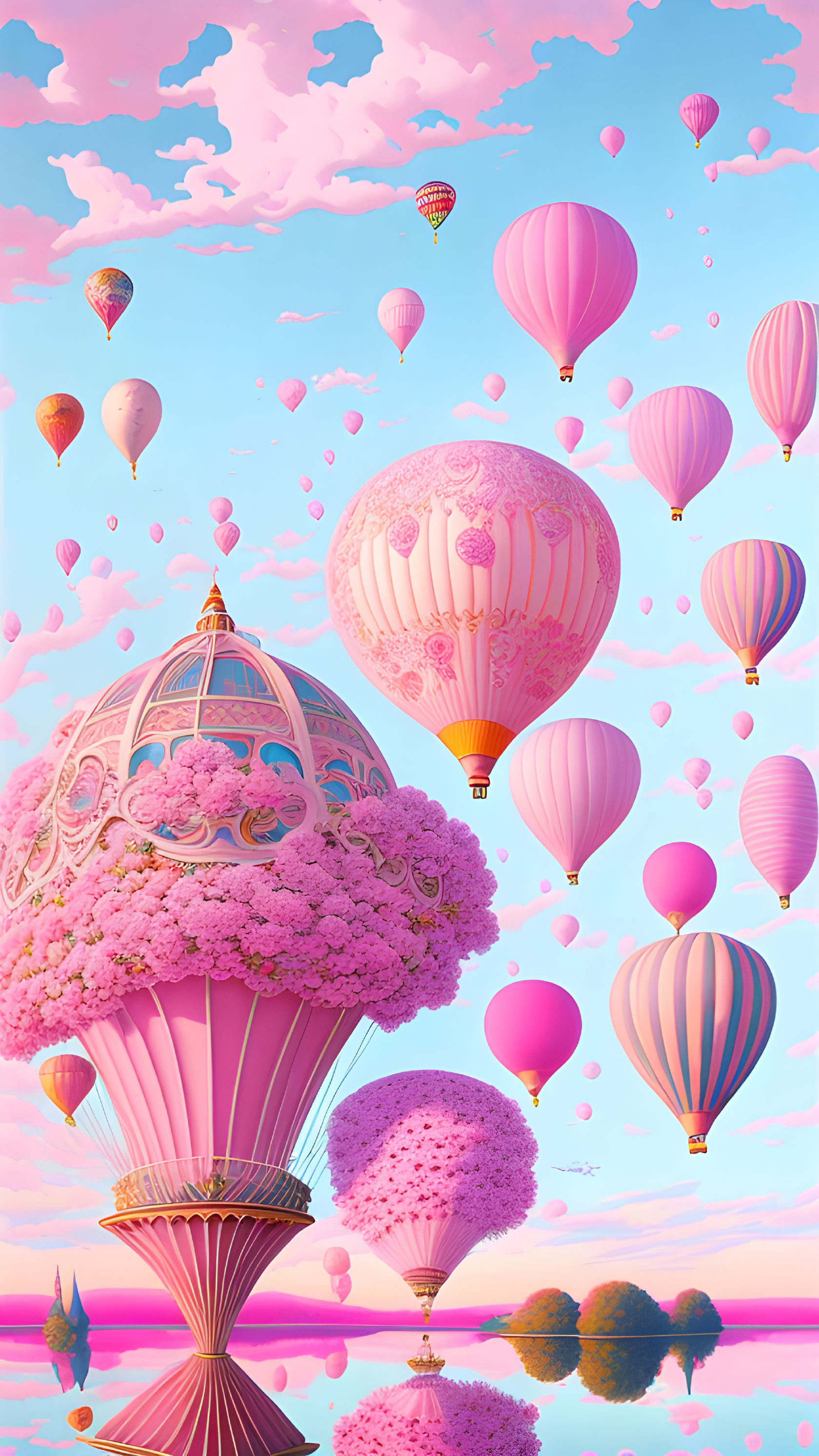 Fantasy landscape with ornate hot air balloons floating among pink clouds