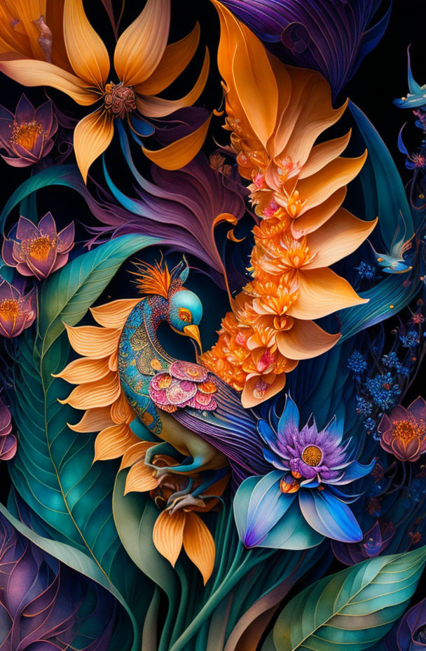 Colorful Peacock in Fantasy Flora Illustration