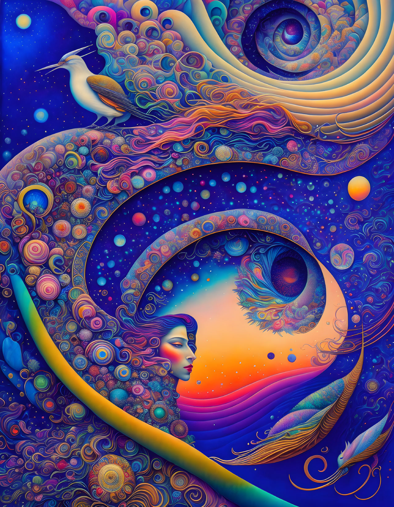 Psychedelic female silhouette with cosmic elements and swirling patterns