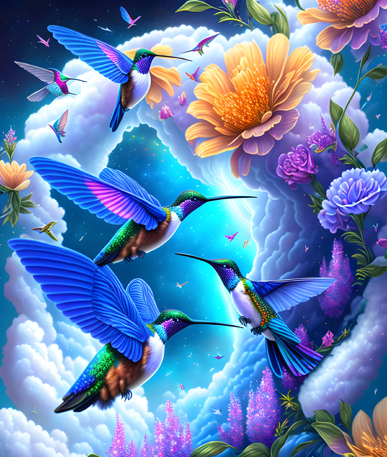 Colorful digital art: Three hummingbirds in flight with vibrant wings, set in a twilight sky with