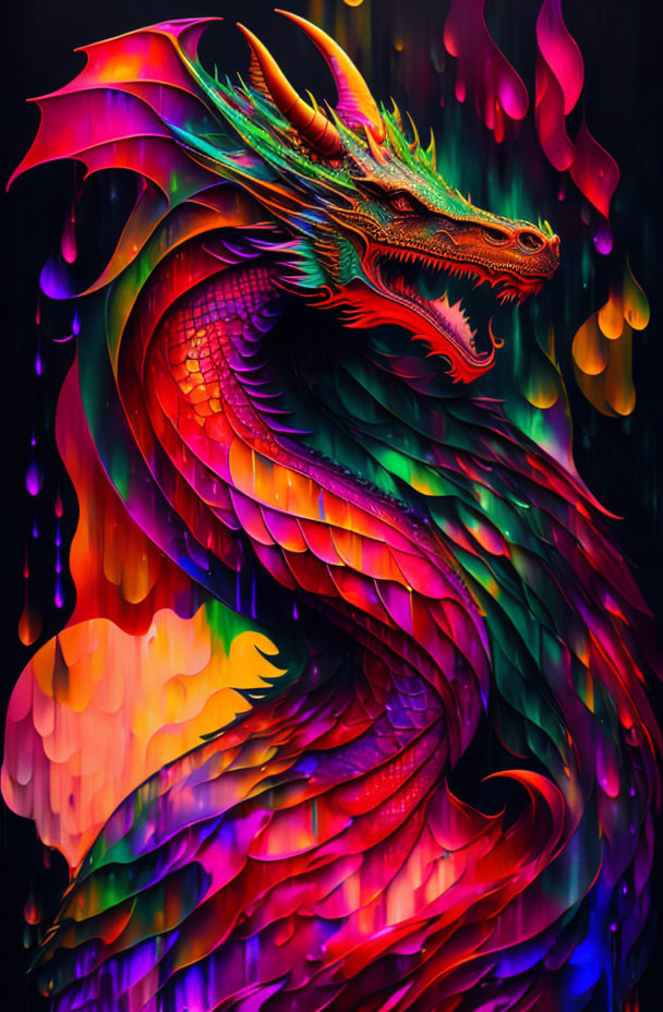 Colorful Dragon with Fiery Wings on Dark Melting Background