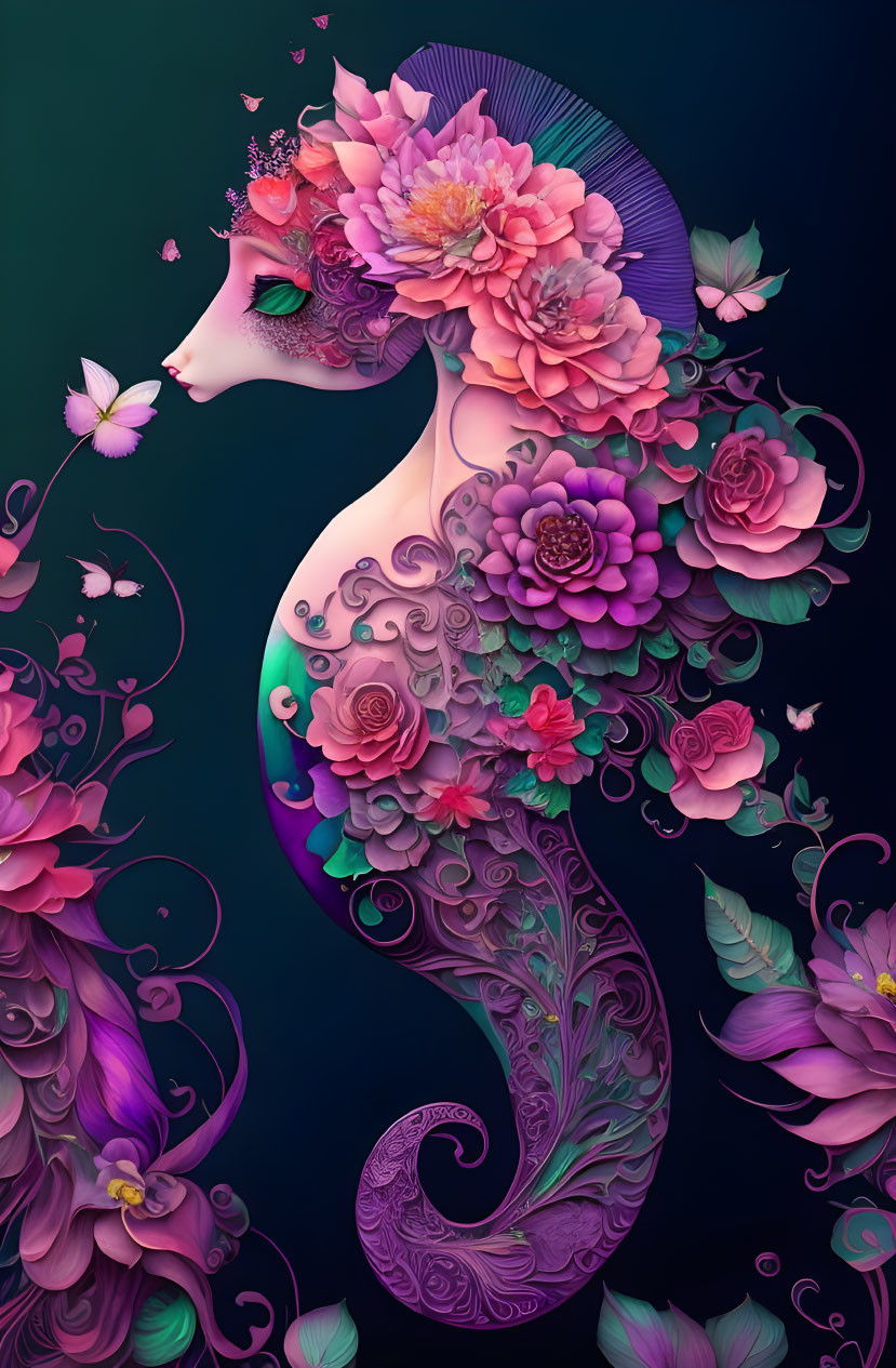 Vibrant Female Figure with Flowers and Patterns on Dark Background