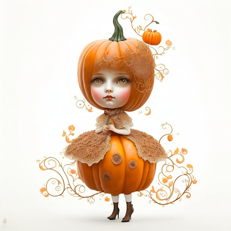 Illustration of character with pumpkin body and expressive eyes surrounded by vine-like patterns