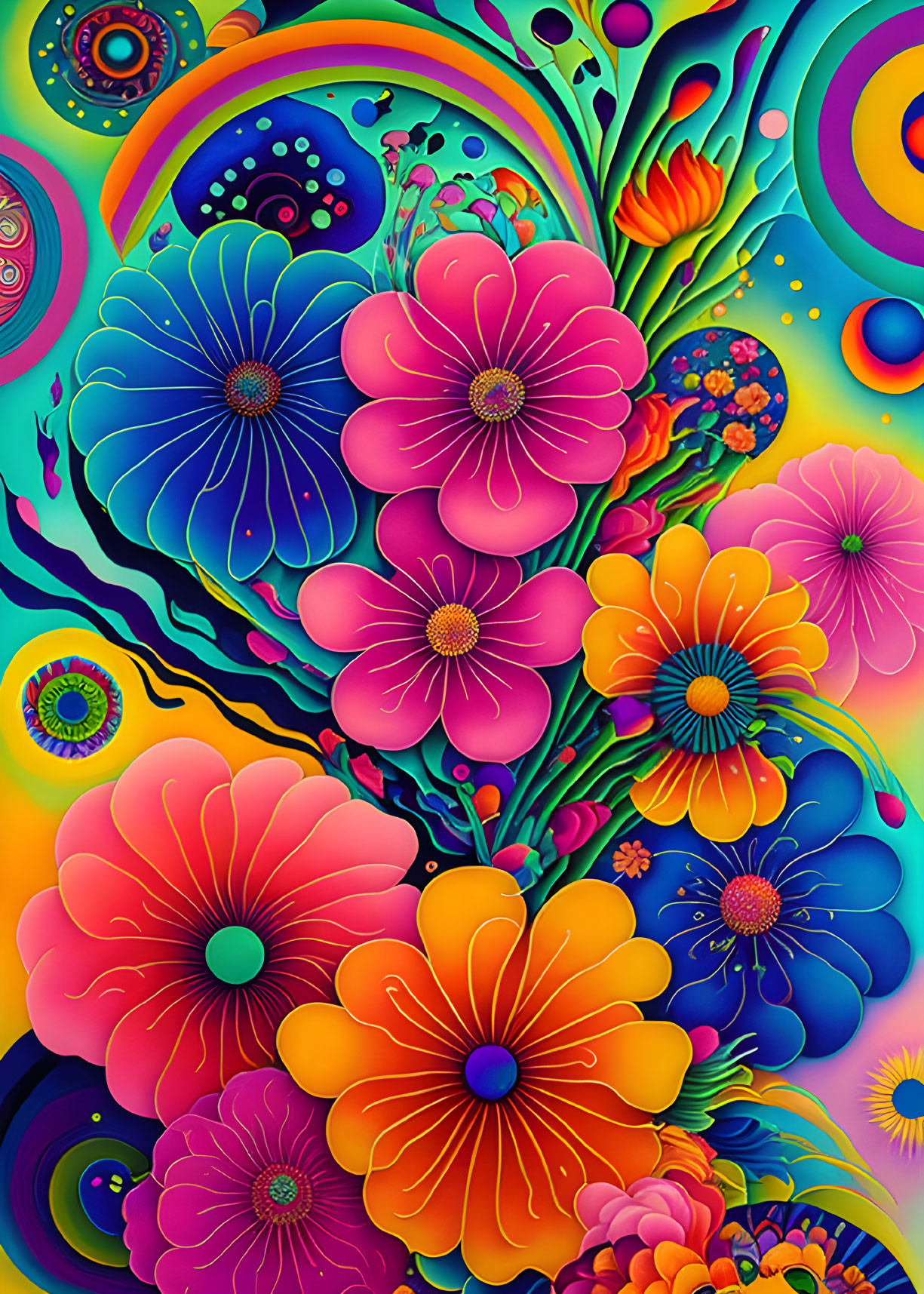 Colorful Stylized Flowers in Psychedelic Digital Art