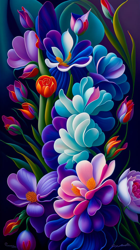 Colorful Vertical Painting of Stylized Flowers on Dark Background