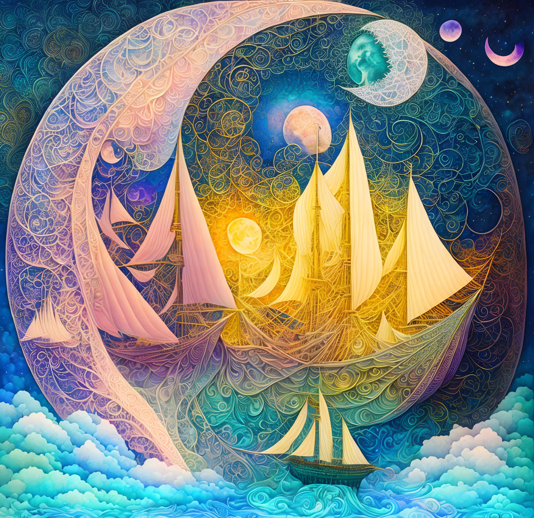 Colorful Sailboats Among Celestial Clouds and Planets