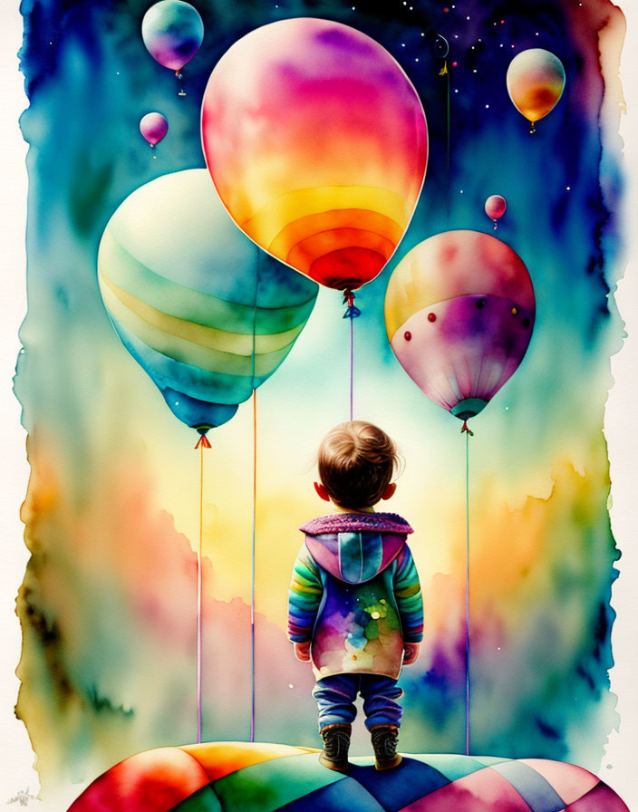 Child admires colorful balloons in dreamy sky with bubbles.