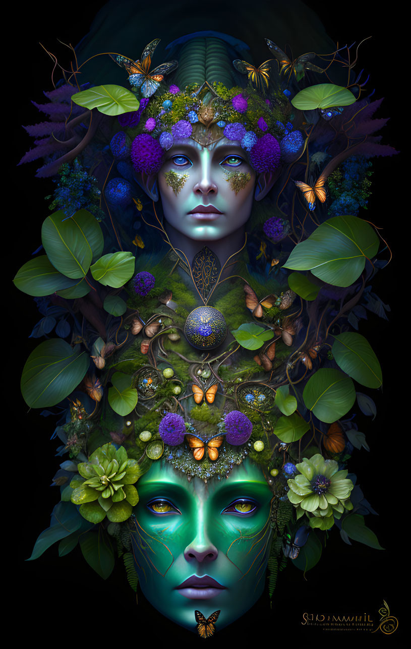 Digital Artwork: Ethereal Female Faces with Lush Flora and Butterflies