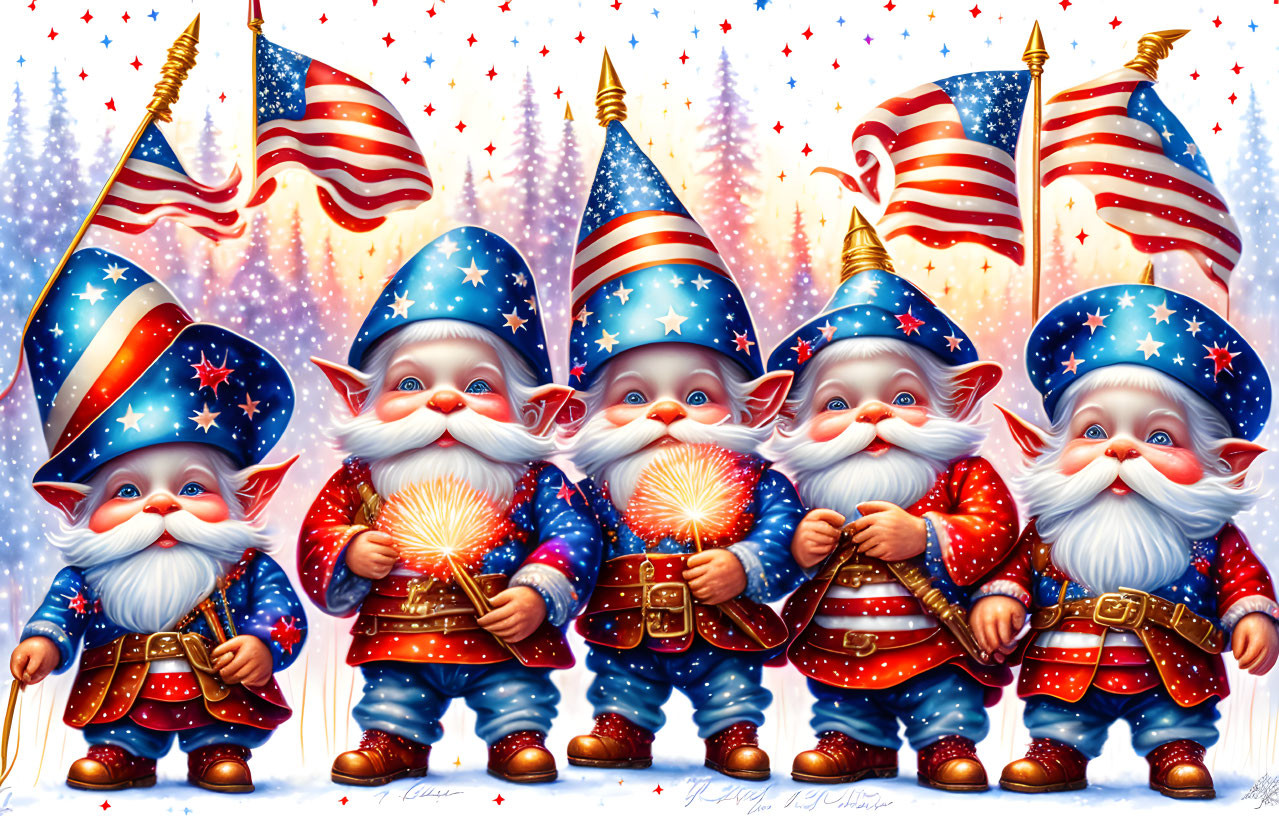 Cartoon gnomes in patriotic American attire with sparklers and confetti