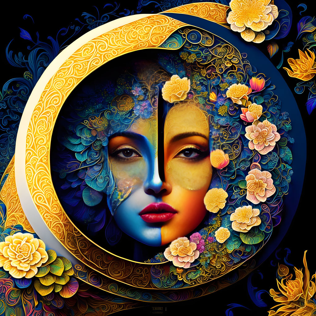 Split Face Artwork with Blue and Gold Tones and Floral Patterns on Dark Background