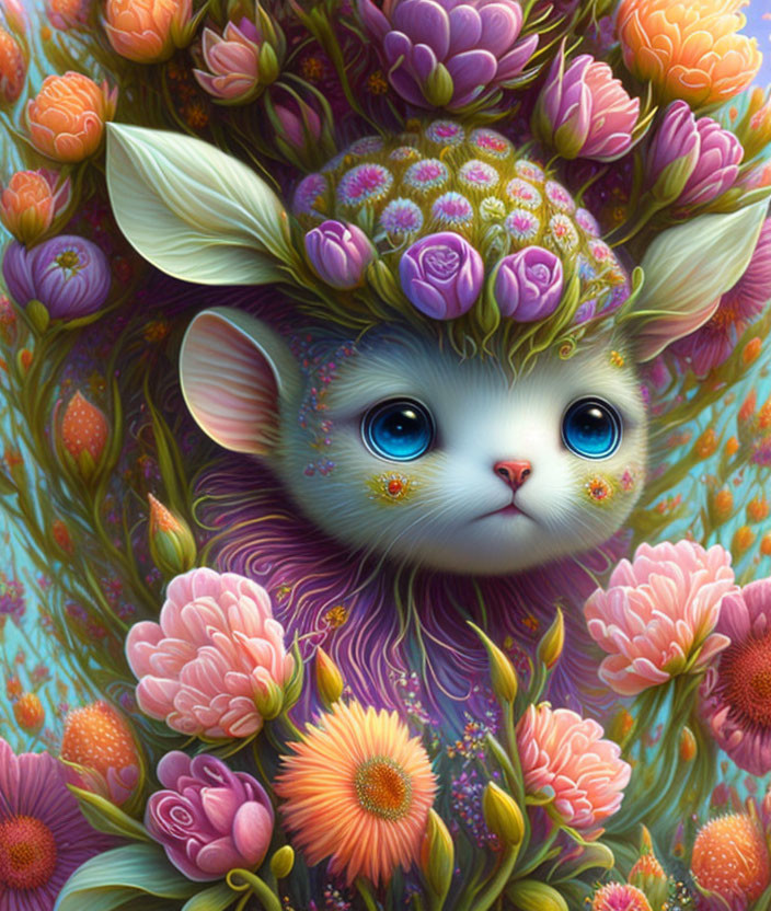 Illustration of whimsical feline creature with blue eyes and floral ears