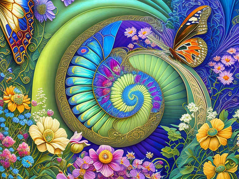 Colorful snail art with flowers and butterflies on green-blue background