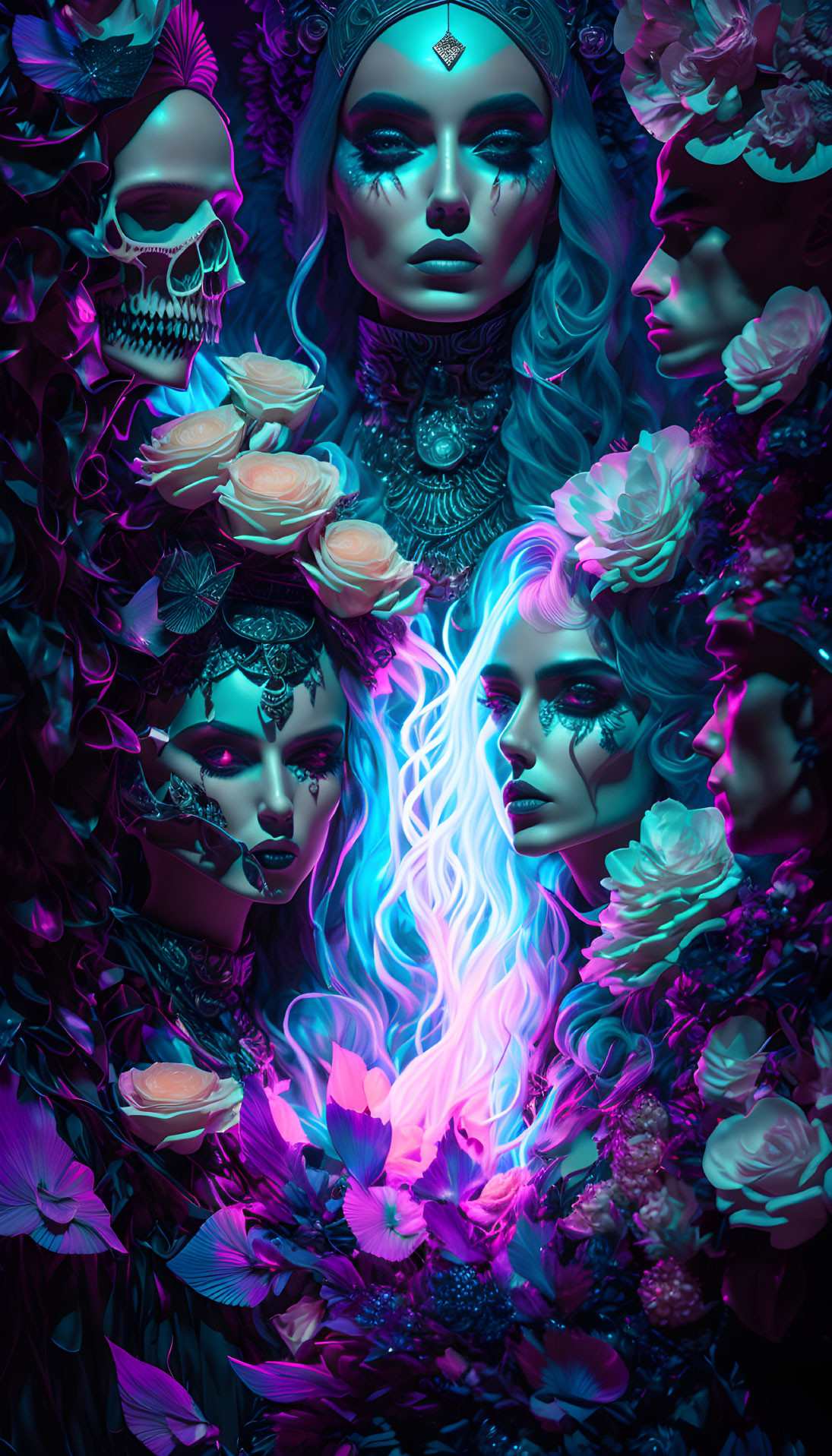 Colorful digital artwork: stylized female figures with floral and skull motifs