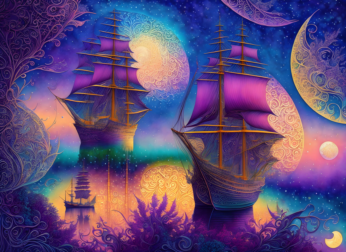 Colorful Artwork of Ornate Ships Sailing on Whimsical Sea