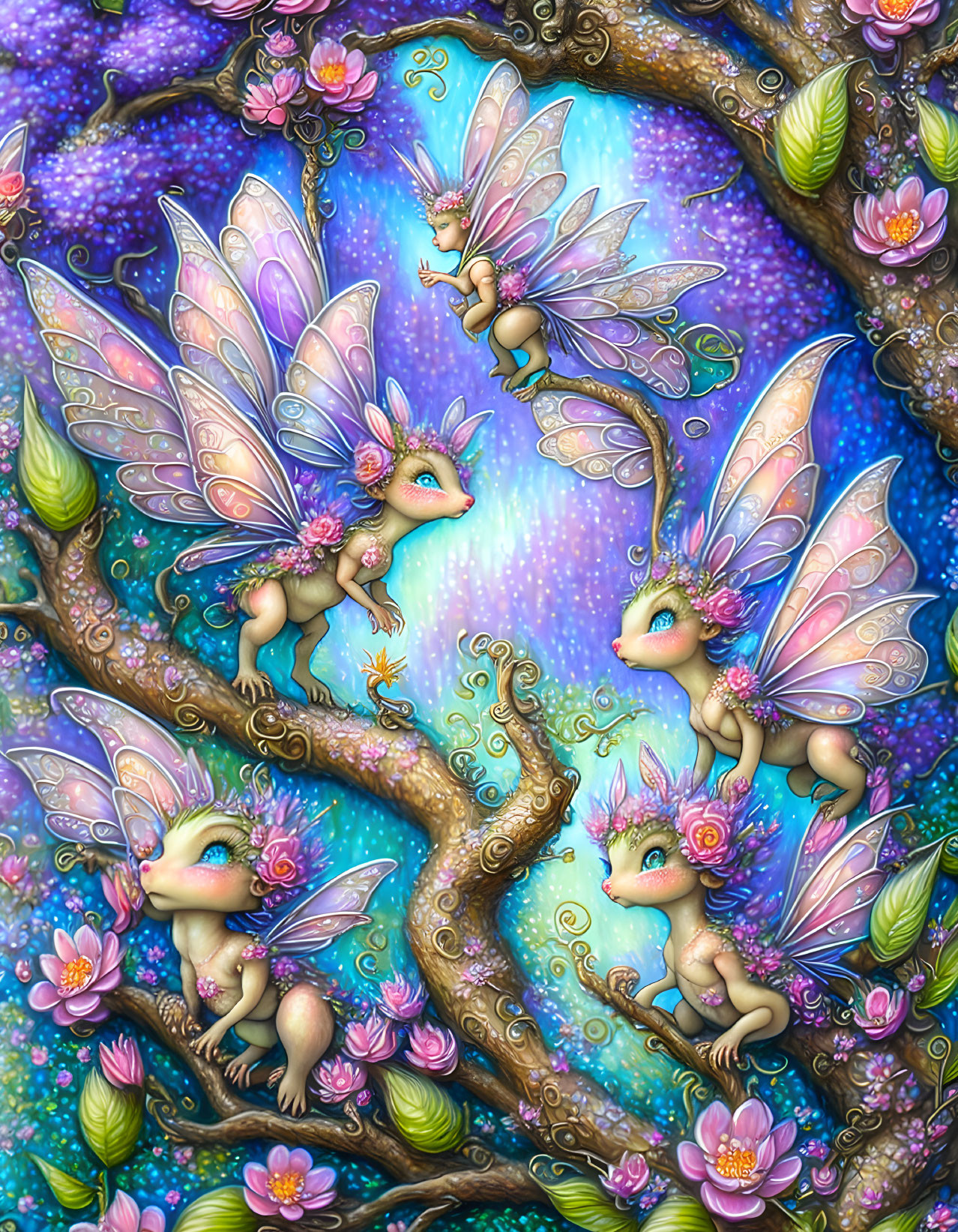 Whimsical fairy-like creatures among blooming flowers under starry sky