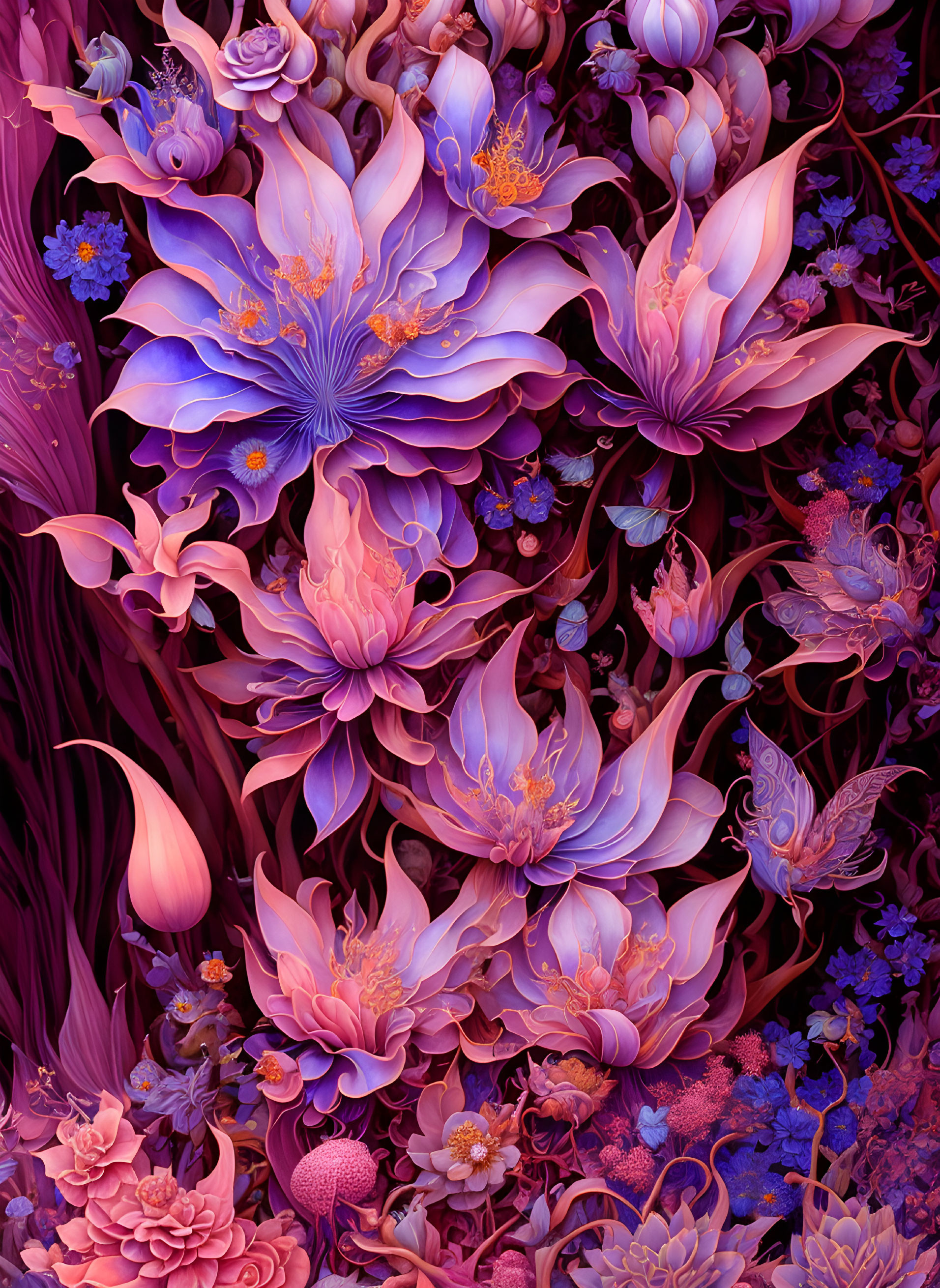 Colorful fantasy floral scene with pink and purple lotus-like flowers and delicate foliage