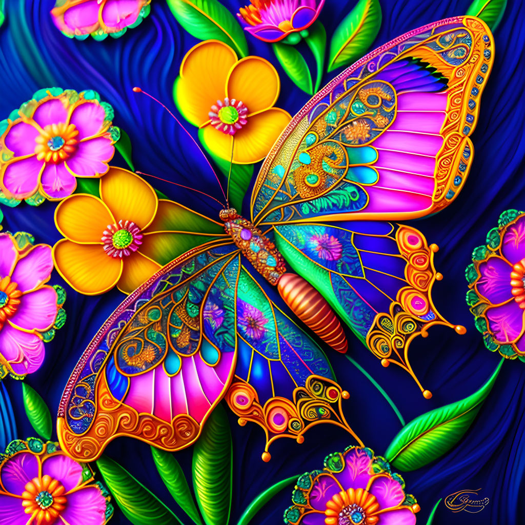 Colorful digital art of ornate butterfly and flowers on blue background