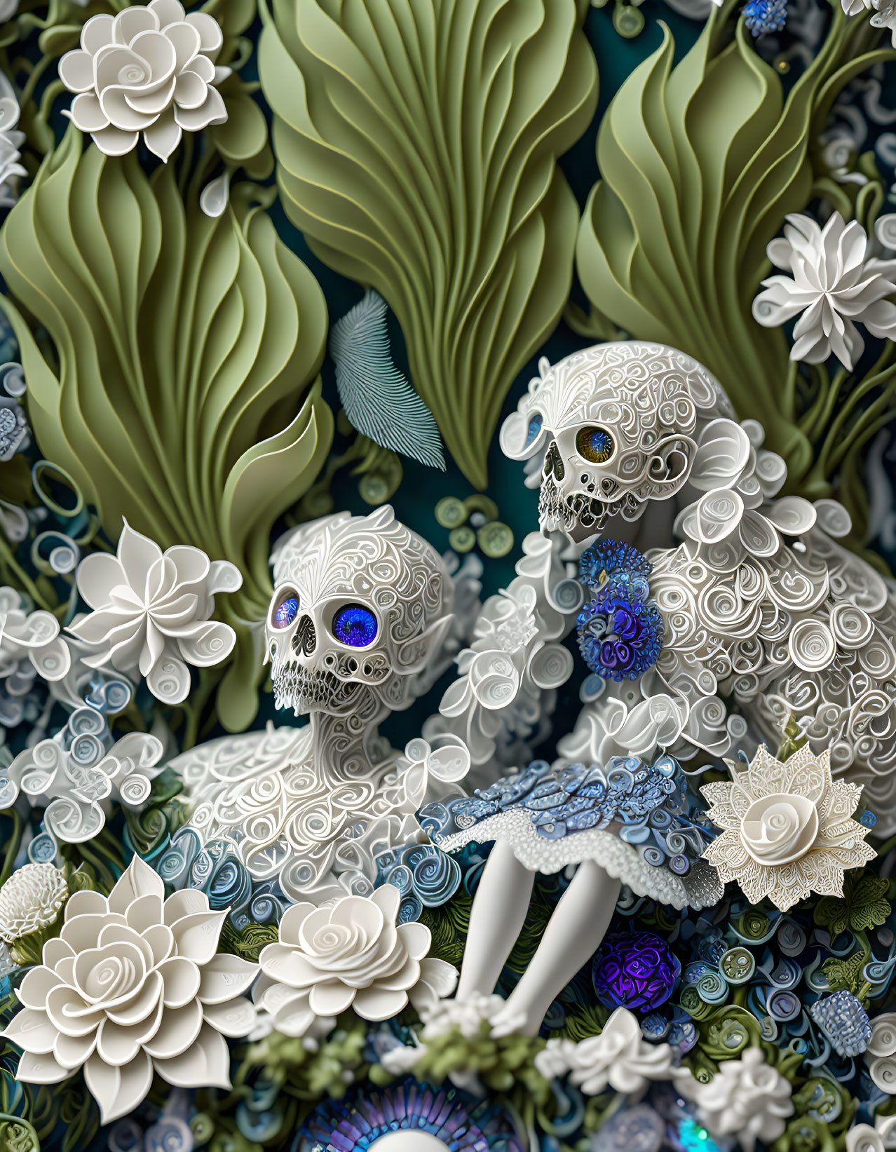 Ornate Skulls with Floral Patterns in Greens and Blues