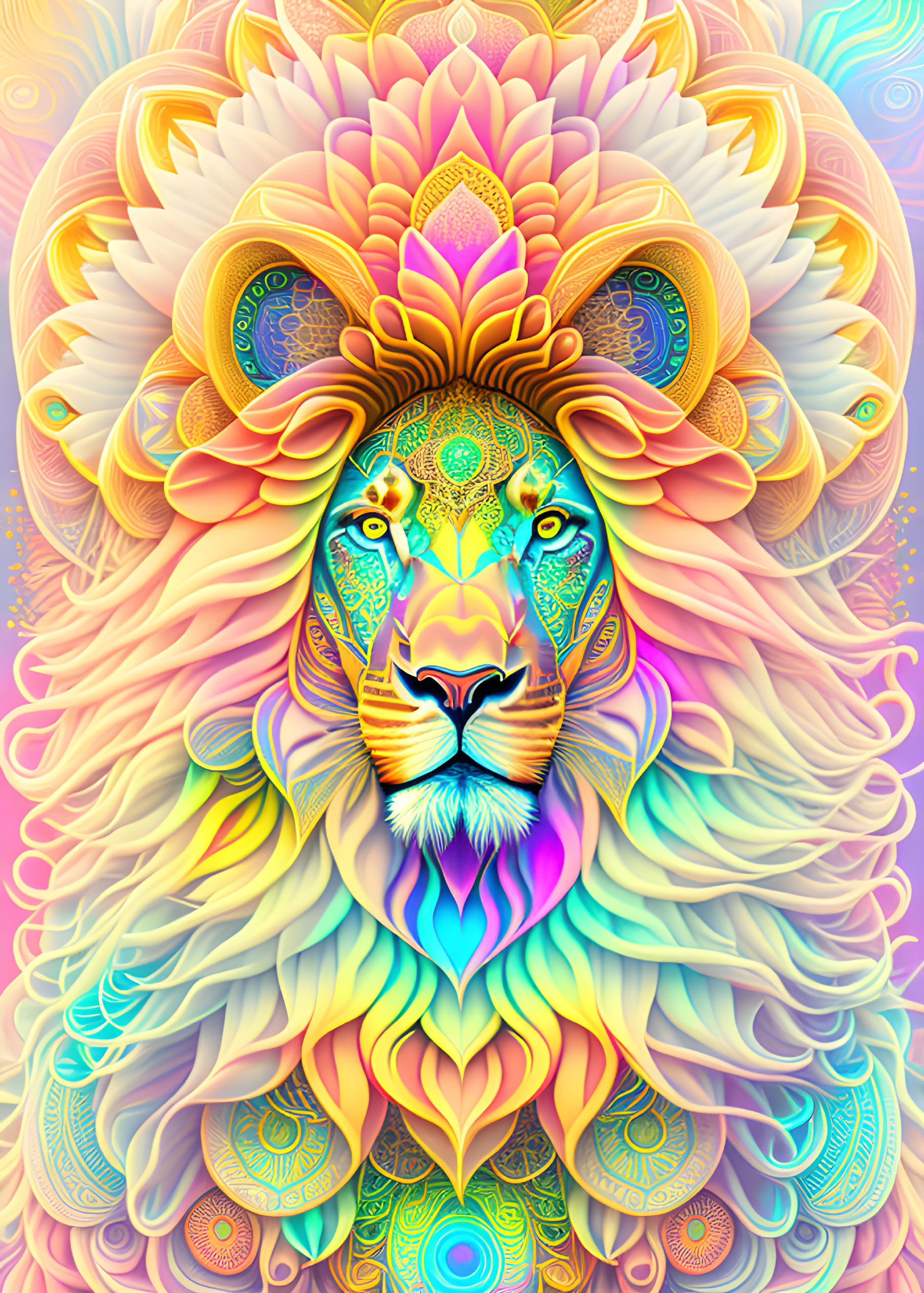 Colorful Digital Art: Psychedelic Lion with Fractal Mane